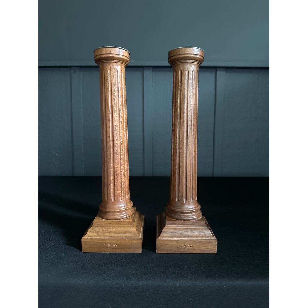 Vintage 90s David Linley Walnut Fluted Column Candlesticks Candle Holders 12 In
